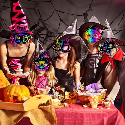 JMUQ Halloween Crafts Scratch Mask for Kids, 36Pcs Halloween Games Scratch Art Craft Kit Rainbow Paper for Party Favors Supplies Classroom Favors Activities in Saudi Arabia