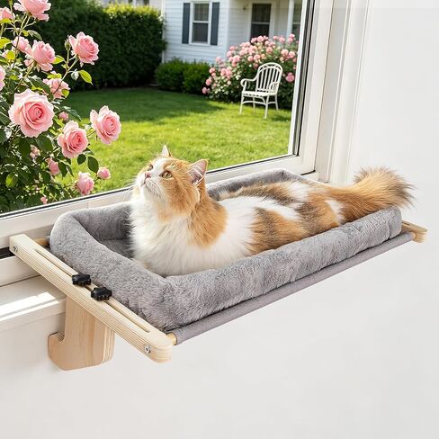 Cat Sill Window Perch - 100% Natural Pine Frame, Soft Plush Fleece, Tool-Free Adjustment, Supports 50 lbs (Large-White) in Kuwait