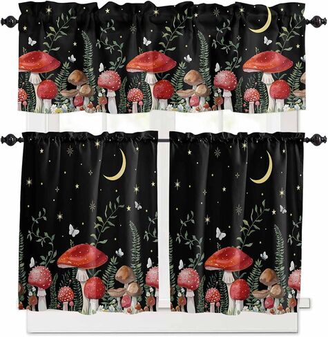 Mushroom Kitchen Curtains Set 24 Inch Length, Spring Floral Rod Pocket Tier and Kitchen Valances Set, Summer Botanical Night Moon Sky Black Farmhouse Window Curtains Set for Bedroom/Living Room in Kuwait