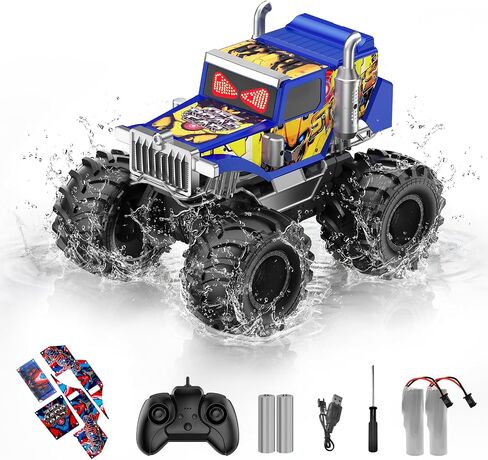 Amphibious Remote Control Car, 1:18 Boys Monster Truck Toys with LED Eyes in Kuwait