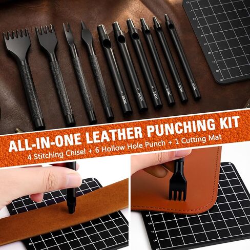XOOL Leather Punch & Stitching Chisel Kit, Diamond Chisels & Hollow Hole Punch Set, 1–5mm & 4mm Prong Spacing, for Belt, Watch Strap & DIY Leather in Kuwait