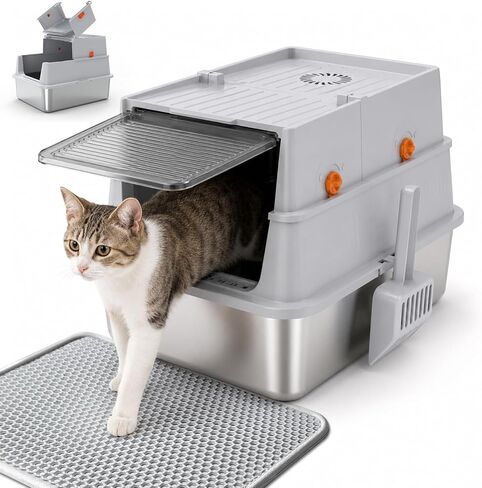Stainless Steel Litter Box with Lid, Enclosed Metal Cat Litter Box for Kittens and Small Cats, Odor Control, Easy to Clean, Includes Scoop & Litter Mat in Saudi Arabia