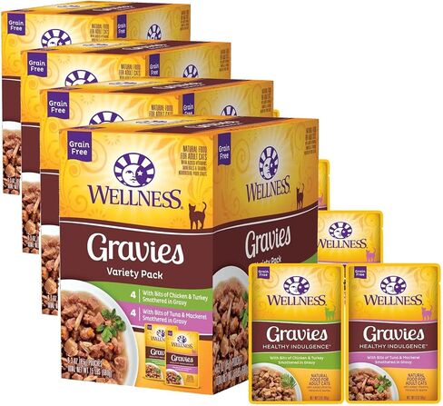 Wellness Healthy Indulgence Shreds Variety Pack Adult Wet Cat Food, Natural, Protein Rich, Grain Free, 2 Flavors, 3 oz, Pack of 8 Pouches in Kuwait