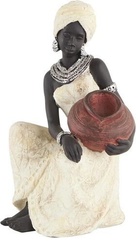 Deco 79 Polystone Woman Decorative Sculpture Sitting African Home Decor Statue with Red Water Pot, Accent Figurine 6" x 6" x 10", Cream in Kuwait