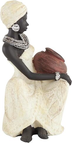 Deco 79 Polystone Woman Decorative Sculpture Sitting African Home Decor Statue with Red Water Pot, Accent Figurine 6" x 6" x 10", Cream in Kuwait