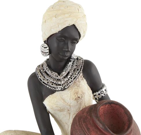 Deco 79 Polystone Woman Decorative Sculpture Sitting African Home Decor Statue with Red Water Pot, Accent Figurine 6" x 6" x 10", Cream in Kuwait
