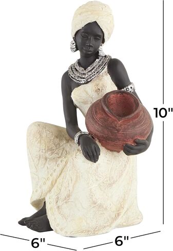 Deco 79 Polystone Woman Decorative Sculpture Sitting African Home Decor Statue with Red Water Pot, Accent Figurine 6" x 6" x 10", Cream in Kuwait