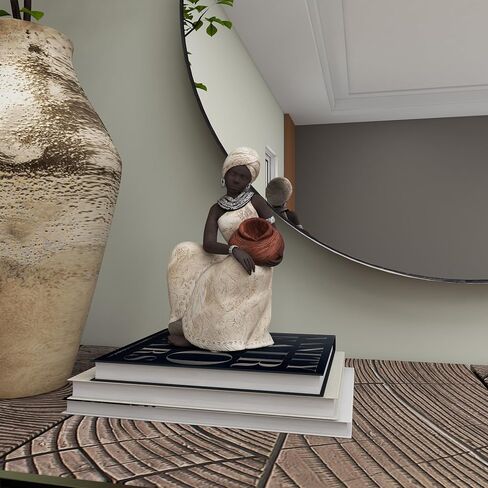 Deco 79 Polystone Woman Decorative Sculpture Sitting African Home Decor Statue with Red Water Pot, Accent Figurine 6" x 6" x 10", Cream in Kuwait