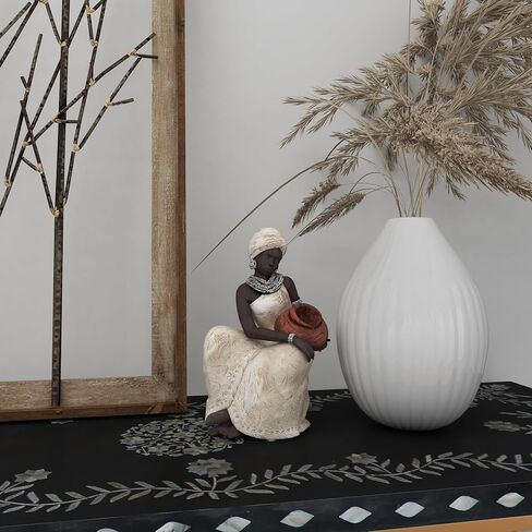 Deco 79 Polystone Woman Decorative Sculpture Sitting African Home Decor Statue with Red Water Pot, Accent Figurine 6" x 6" x 10", Cream in Kuwait