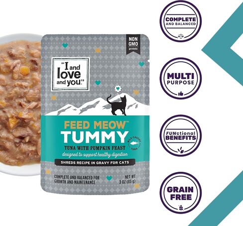 I AND LOVE AND YOU Feed Meow Tummy Wet Cat Food - Tuna + Pumpkin - Digestion Support, Grain Free, Shredded, 3oz Pack of 12 in Kuwait