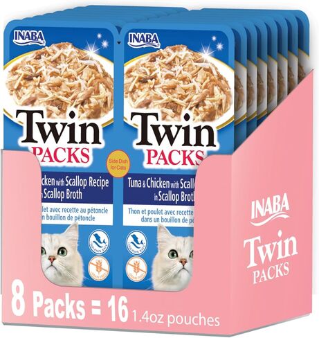 INABA Twin Packs for Cats, Side Dish/Topper Pouch, 1.4 Ounces per Serving, 16 Servings, Tuna & Chicken Recipe in Tuna Broth in Kuwait