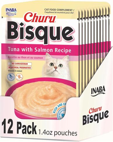 INABA Churu Bisque for Cats, Creamy Lickable Purée Side Dish with Vitamin E, 1.4 Ounces per Pouch, 12 Pouches, Tuna Recipe in Kuwait