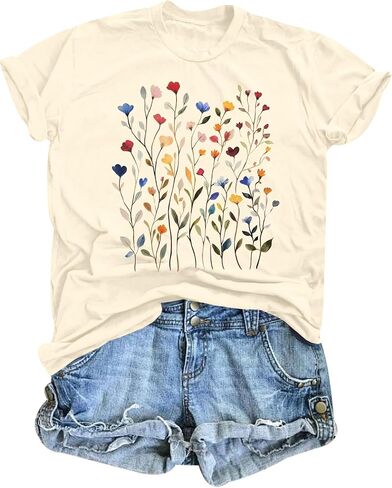 Women Boho Flower T Shirt Vintage Floral Graphic Shirt Botanical Tee Wildflowers Shirts Garden Lover Top in Kuwait