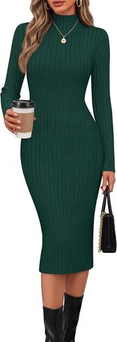MEROKEETY Women's Ribbed Long Sleeve Sweater Dress High Neck Slim Fit Knitted Midi Dress in Kuwait