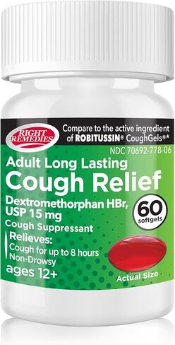 RIGHT REMEDIES Cough Relief Softgels, Dextromethorphan HBr 15mg, up to 8-Hour Long-Lasting, Non Drowsy Bronchial Suppressant, Generic Robitussin Coughgels (60 Softgels) in Saudi Arabia