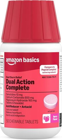 Amazon Basic Care Dual Action Complete, Chewable Acid Reducer Plus Antacid Tablets, Berry Flavor, Heartburn Medicine, Acid Indigestion Relief, 50 Count in Kuwait