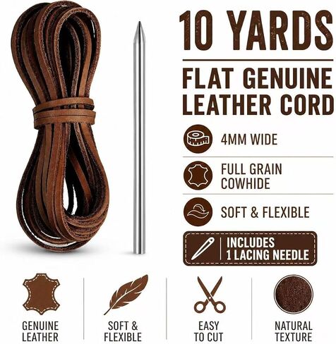 10 Yards Flat Genuine Leather Cord, 4mm Leather Strips for Crafts, Full Grain Cowhide Leather Lace with Needle for Braiding, Jewelry Making, Bracelets, Bags, Wallets and DIY Projects(Brown) in Kuwait