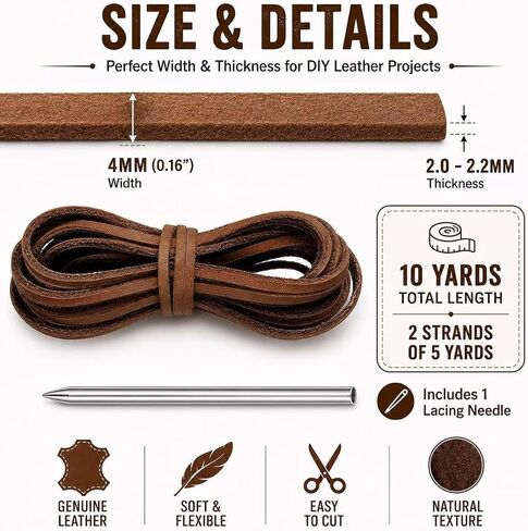 10 Yards Flat Genuine Leather Cord, 4mm Leather Strips for Crafts, Full Grain Cowhide Leather Lace with Needle for Braiding, Jewelry Making, Bracelets, Bags, Wallets and DIY Projects(Brown) in Kuwait