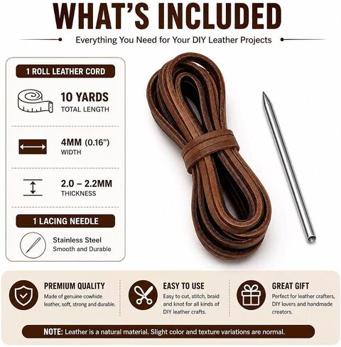 10 Yards Flat Genuine Leather Cord, 4mm Leather Strips for Crafts, Full Grain Cowhide Leather Lace with Needle for Braiding, Jewelry Making, Bracelets, Bags, Wallets and DIY Projects(Brown) in Kuwait