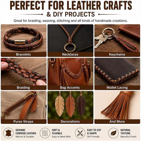 10 Yards Flat Genuine Leather Cord, 4mm Leather Strips for Crafts, Full Grain Cowhide Leather Lace with Needle for Braiding, Jewelry Making, Bracelets, Bags, Wallets and DIY Projects(Brown) in Kuwait
