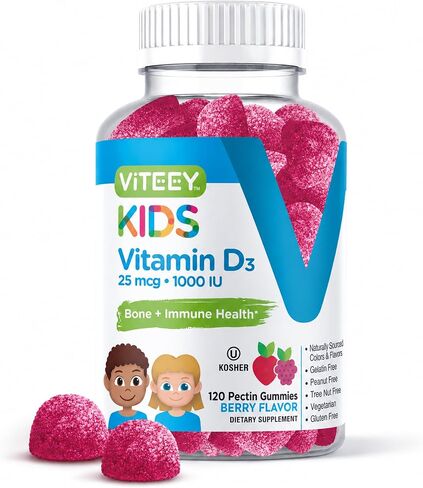 [120 Count] Vitamin D3 Gummies 25mcg 1000 IU Formulated for Kids - Bone Health, Immune Health, Joint Muscle Support - Dietary Supplement, Gelatin Free, Pectin Based - Berry Flavors Chewable Gummy in Kuwait