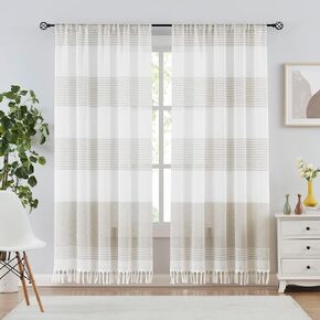 SXZJTEX Boho Curtains with Tassels Sheer Striped Curtains 63 Inches Long Farmhouse Grey and White Rod Pocket Linen Window Panel Drapes for Living Room Bedroom, W52 x L63, 2 Panels Set in Saudi Arabia