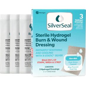 SilverSeal Burn and Wound Dressing, Hydrogel Pads with X-Static Silver, Soothing, Moist & Protective for Burns, Cuts & Wounds, 2" x 3" Sterile Dressings, 6 Count in Kuwait
