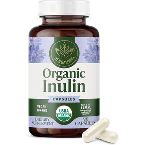 HERBAMAMA Inulin Powder Capsules - Organic Chicory Root Inulin Supplement - Prebiotic Fiber for Digestive Support & Gut Health - 1200 mg, 100 Caps in Kuwait