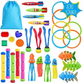 31Pcs Swim Dive Toys Pool Games Outdoor Water Essential Bath Accessories for Kid Toy Age 3 4 5 6 7 8 9 10 11 12 Year Old Cool Girl Boy Stuff Fun Summer Gift in Kuwait