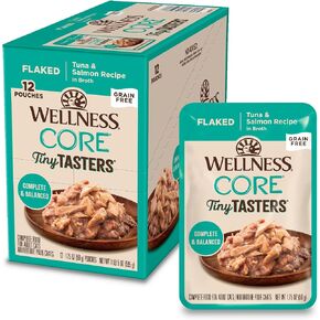 Wellness CORE Tiny Tasters Flaked Adult Wet Cat Food, Natural, Protein Rich, Grain Free, Tuna and Salmon Recipe, 1.75 oz, Pack of 12 Pouches in Kuwait