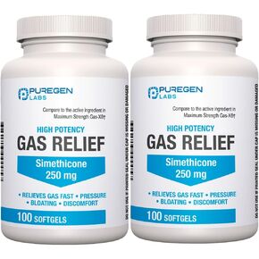 P Puregen Labs Maximum Strength Gas Relief Softgels with Simethicone 250 mg Relieve Pressure, Bloating and Painful Discomfort Compare to Gas-X and Phazyme -200 Count Total in Saudi Arabia