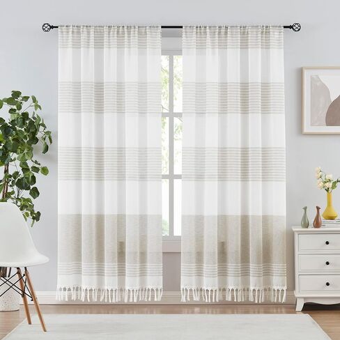 SXZJTEX Boho Curtains with Tassels Sheer Striped Curtains 63 Inches Long Farmhouse Grey and White Rod Pocket Linen Window Panel Drapes for Living Room Bedroom, W52 x L63, 2 Panels Set in Kuwait