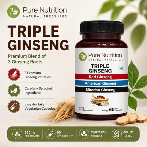 Pure Nutrition Triple Ginseng - مزيج فريد وفعال من الجينسنغ الأحمر والجينسنغ الأمريكي والجينسنغ السيبيري. 790 مجم لكل كبسولة | عبوة 60 كبسولة نباتية in Kuwait
