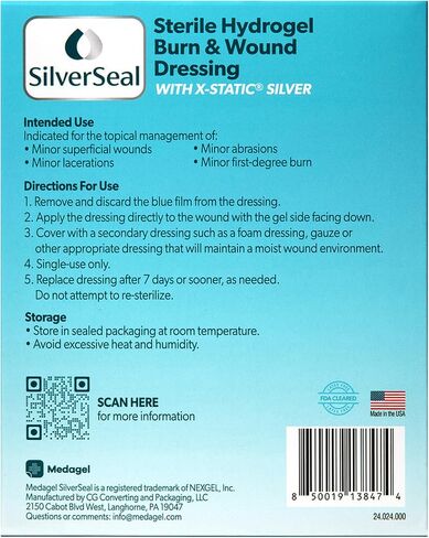 سيلفر سيل تضميد الحروق والجروح | وسادات هيدروجيل مع X-Static Silver | مهدئ ورطب وواقي | الحروق والجروح والجروح | 4 ضمادات معقمة in Kuwait
