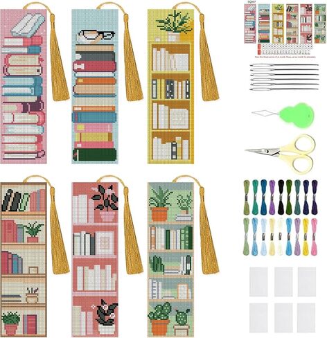 KYOQFVN 6 Pack Book Store Cross Stitch Bookmark, Cross Stitch Bookmarks Kit for Beginners Adults, 14CT Embroidery Bookmark Kit for Book Lovers Starter Craft 6 x 20cm in Saudi Arabia
