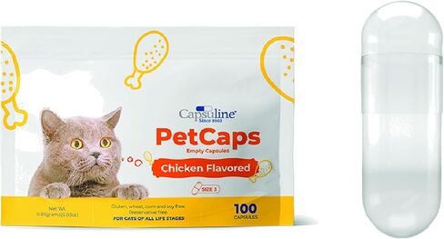 Capsuline PetCaps Size 3 Empty Gelatin Capsules for Cats of All Life Stages, Chicken Flavored - 100 Count| Hides Medicine Taste & Scent | Gluten Free, Kosher, Non-GMO Certified | Pure Bovine Pill Caps in Kuwait