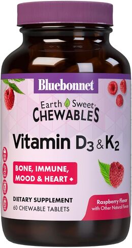 Bluebonnet Nutrition Vitamin D3 & K2 EarthSweet Chewable Tablets, for Immune, Mood & Heart Health*, Soy-Free, Gluten-Free, Non-GMO, Kosher Dairy, 60 Raspberry Flavor Chewable Tablets, 60 Servings in Kuwait