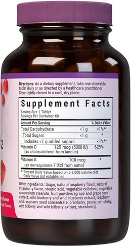 Bluebonnet Nutrition Vitamin D3 & K2 EarthSweet Chewable Tablets, for Immune, Mood & Heart Health*, Soy-Free, Gluten-Free, Non-GMO, Kosher Dairy, 60 Raspberry Flavor Chewable Tablets, 60 Servings in Kuwait