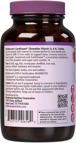Bluebonnet Nutrition Vitamin D3 & K2 EarthSweet Chewable Tablets, for Immune, Mood & Heart Health*, Soy-Free, Gluten-Free, Non-GMO, Kosher Dairy, 60 Raspberry Flavor Chewable Tablets, 60 Servings in Kuwait
