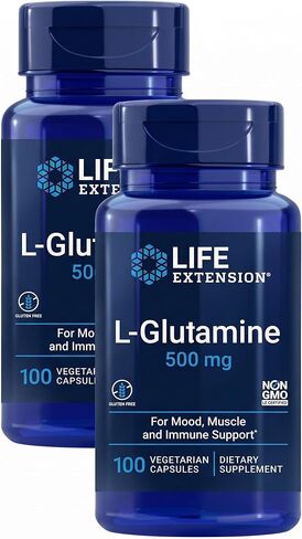 Life Extension L-Glutamine, 500 mg L-glutamine, amino acid, supports muscle health and immune health, gluten-free, non-GMO, 100 vegetarian capsules in Kuwait