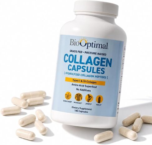 BioOptimal Collagen Pills - Collagen Supplements, 180 Capsules, for Skin, Hair, Nails & Joints, for Women & Men, Grass Fed, Non-GMO, Pasture Raised, Premium Quality, Packaging May Vary in Kuwait