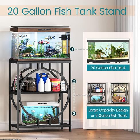 Snughome 20 Gallon Aquarium Stand, Modern 3 Tier Fish Tank Stand with Storage Shelves, Heavy Duty Metal Frame with Unique Circular Design, Terrarium Stand for 20 Gallon Aquarium, Home & Office Furniture, Black in Kuwait