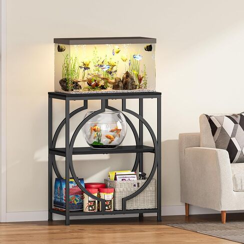 Snughome 20 Gallon Aquarium Stand, Modern 3 Tier Fish Tank Stand with Storage Shelves, Heavy Duty Metal Frame with Unique Circular Design, Terrarium Stand for 20 Gallon Aquarium, Home & Office Furniture, Black in Kuwait