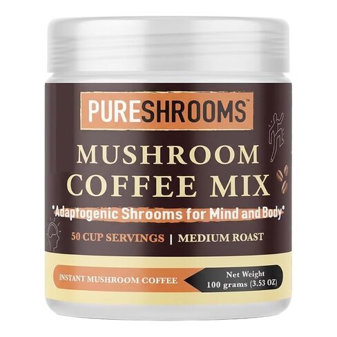 PureShrooms Mushroom Instant Coffee with Lion's Mane, Reishi & Cordyceps Coffee Alternative - Nootropic Adaptogen Mushroom Coffee Substitute, Natural Energy with No Jitters & Crash - 0 Sugar, No Preservatives or Artificial Flavors, Non-GMO & Soy-Free Made in Saudi Arabia
