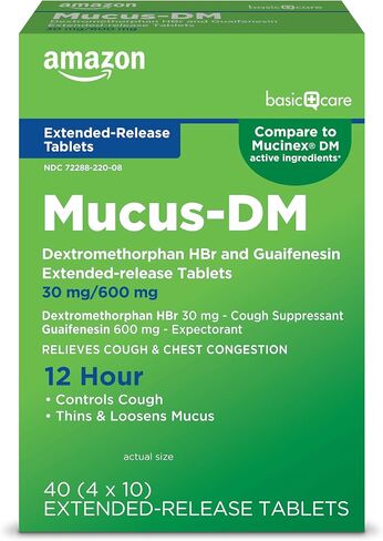 Amazon Basic Care Mucus Relief DM، أقراص ممتدة المفعول من Guaifenesin وDextromethorphan Hydrobromide، 600 مجم/30 مجم، دواء السعال للبالغين والأطفال بعمر 12 عامًا فما فوق، 40 قرصًا in Kuwait