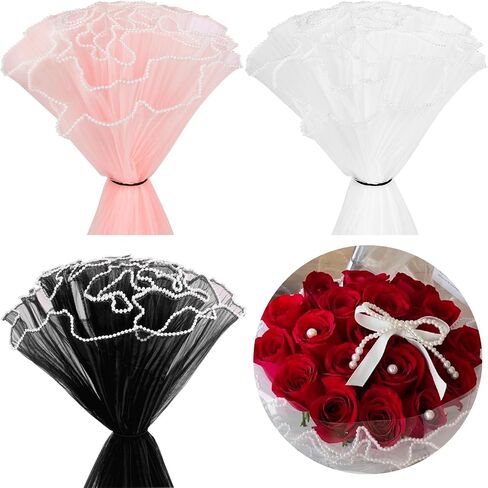 IWOLOMI 6 Pack Flower Wrapping Mesh Paper, 26.2 Yard Pearl Edge Bouquet Wrapping Packaging Mesh Paper Wrinkled Translucent for Florist Supplies Mothers Day Wedding Gift Packaging (Pink White Black) in Saudi Arabia