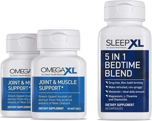 OmegaXL Joint Relief Supplement - Natural Muscle Support, 60 Softgels (2 Pack) & SleepXL immediate-Release melatonin, L-Theanine (Calming), Chamomile, Magnesium & B6 (60 Vegan Capsules) in Saudi Arabia