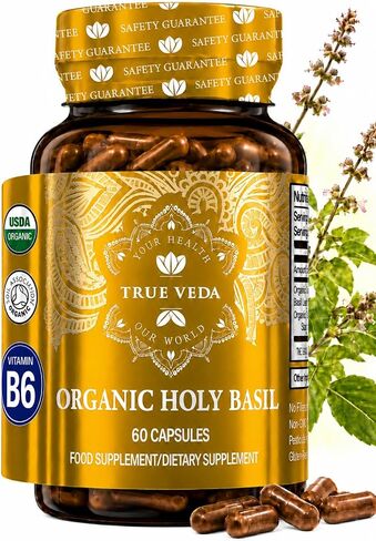Holy Basil Capsules - USDA Organic Vitamin B6 Capsules | High Strength Vitamin B6 and 2.5% Ursolic Acid | Tulsi Holy Basil Leaf Capsules | Holy Basil Extract 15:1 | Herbal Supplement | 60 Vegan Pills in Kuwait