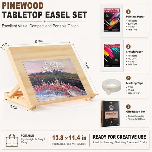 Tabletop Easel للطلاء ، 13.8 "x11.4" Artable Art Easel القابلة للتعديل يشمل أوراق الطلاء الفنية ، وأوراق رسم وشريط تقنيع ، ولوحة رسم من خشب الصنوبر للقماش والكتب والأعمال الفنية in Kuwait