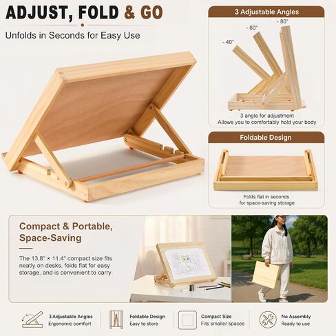Tabletop Easel للطلاء ، 13.8 "x11.4" Artable Art Easel القابلة للتعديل يشمل أوراق الطلاء الفنية ، وأوراق رسم وشريط تقنيع ، ولوحة رسم من خشب الصنوبر للقماش والكتب والأعمال الفنية in Kuwait